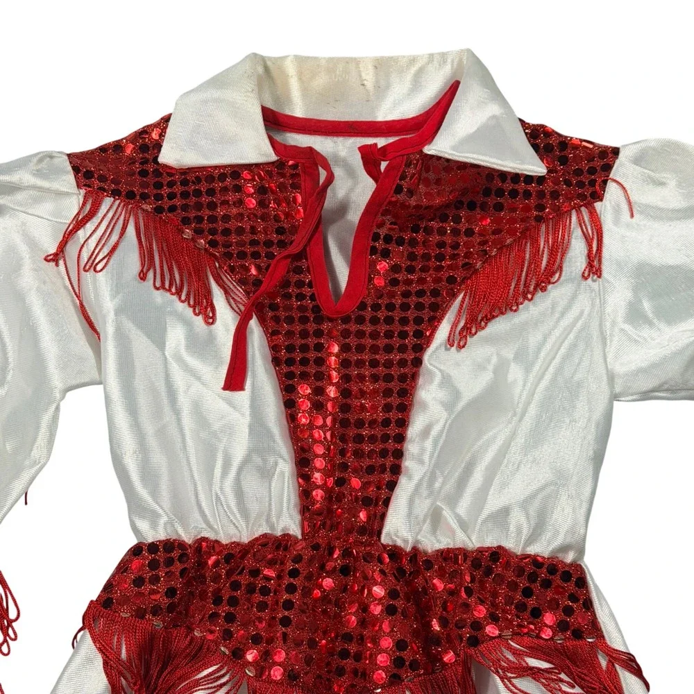 Vintage Western Dance Costume Girls White Red Sequin Fringe Performance Dress